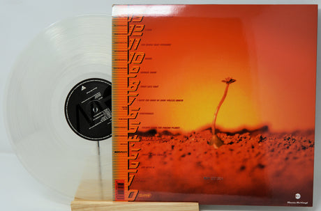 Vinyl record album cover and a translucent clear vinyl record displayed on a small wooden stand. The cover features a vivid orange and red desert landscape with a small plant silhouette and vertical black text along the left edge.