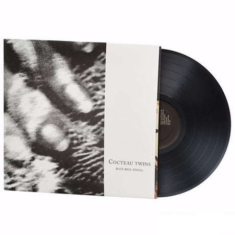 This image features the album cover of "Blue Bell Knoll" by the Cocteau Twins. The artwork is monochrome and depicts an abstract, textured image that is reminiscent of organic forms, possibly plants or foliage.