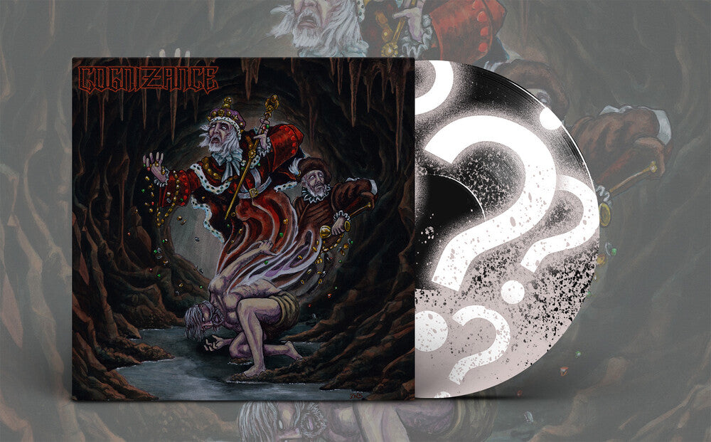 Album cover with a fantasy scene and a '?', on a textured background.