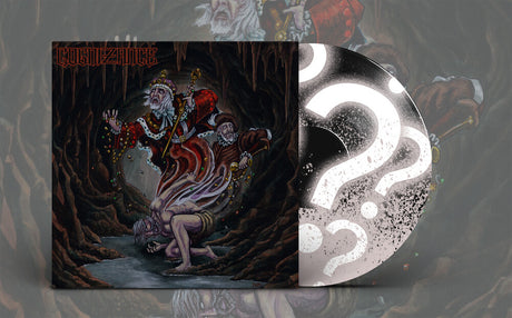 Album cover with a fantasy scene and a '?', on a textured background.