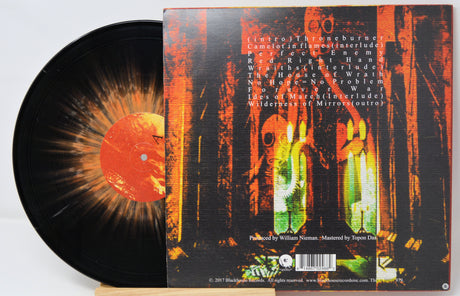 Vinyl record with a colorful cover featuring abstract designs and text.