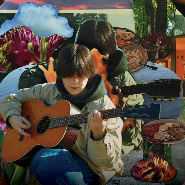 Collage of a person playing acoustic guitar surrounded by campfire, nature, and food imagery