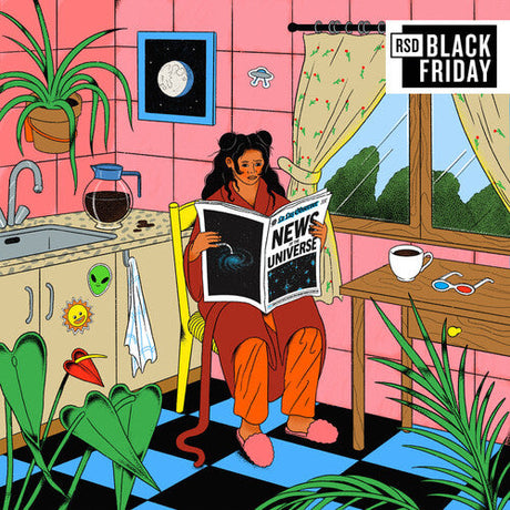Illustrated woman in pajamas reading 'News of the Universe' in a colorful, plant-filled kitchen