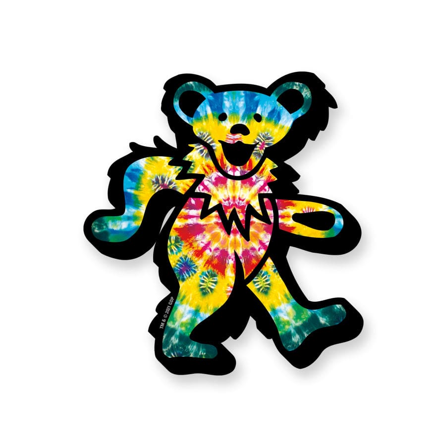 Vibrant tie-dye dancing bear sticker with a psychedelic design.