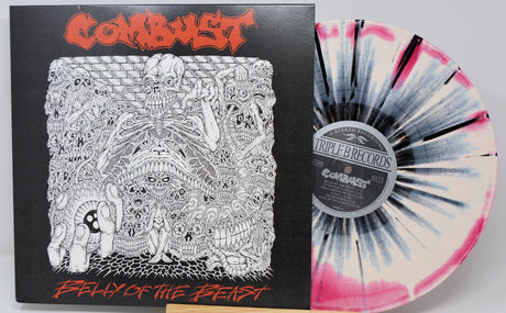 Combust Belly of the Beast vinyl with white and black splatter next to detailed horror-themed album art