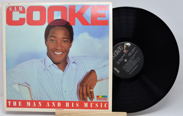 Vinyl record with cover featuring a smiling man and text 'Sam Cooke The Man and His Music'.