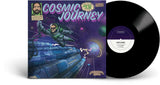 Vinyl record with comic like illustration of a space-themed cover featuring a astronaut and text 'Cosmic Journey'.