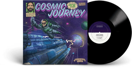 Vinyl record with comic like illustration of a space-themed cover featuring a astronaut and text 'Cosmic Journey'.