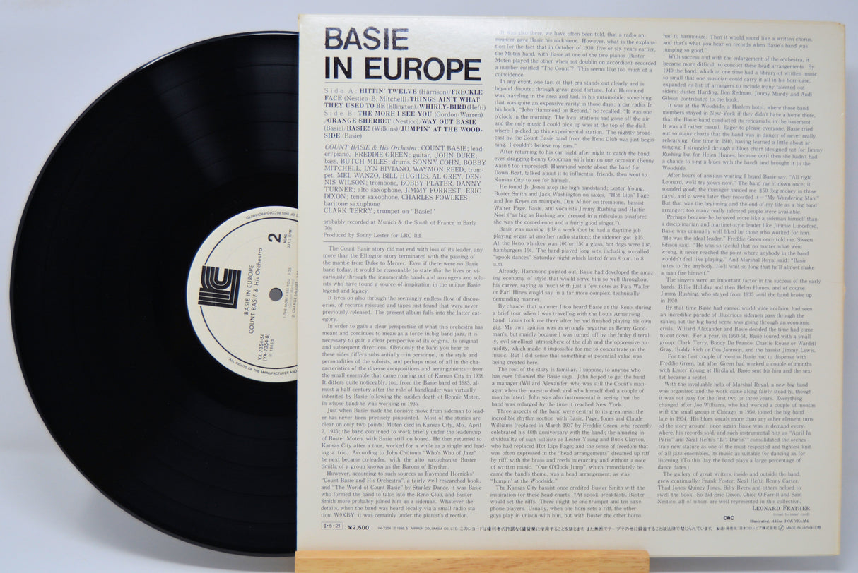 Vinyl record with 'Basie in Europe' cover on a light gray background