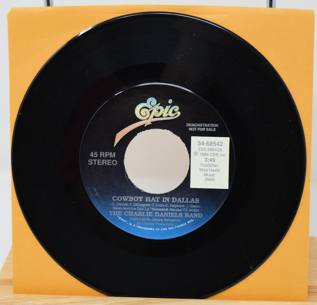 Cowboy Hat in Dallas 45 RPM vinyl record demonstration single by The Charlie Daniels Band in original sleeve