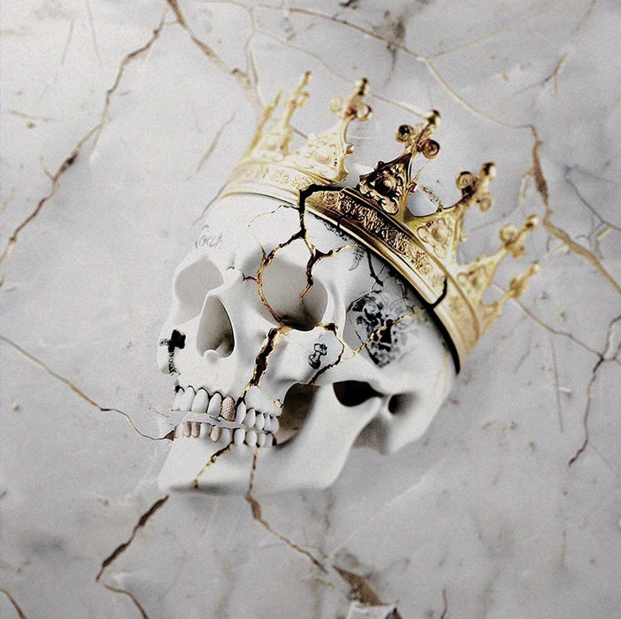 Cracked white skull adorned with an ornate gold crown on a marbled background