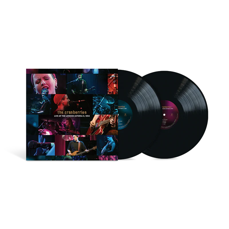 The Cranberries 'Live at the London Atrium' vinyl record album with the illustrated sleeve cover and two black records partially pulled out, shown on a plain white background.