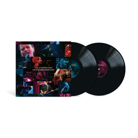 The Cranberries 'Live at the London Atrium' vinyl record album with the illustrated sleeve cover and two black records partially pulled out, shown on a plain white background.