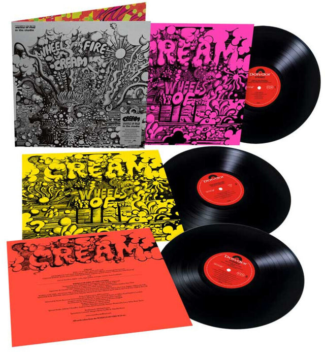 Collection of vinyl records with colorful covers and red labels on a white background