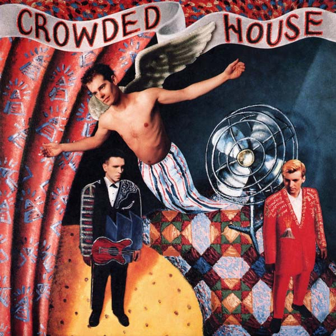 Album cover art for Crowded House featuring a collage of images including a man with wings, a fan, and members of the band.