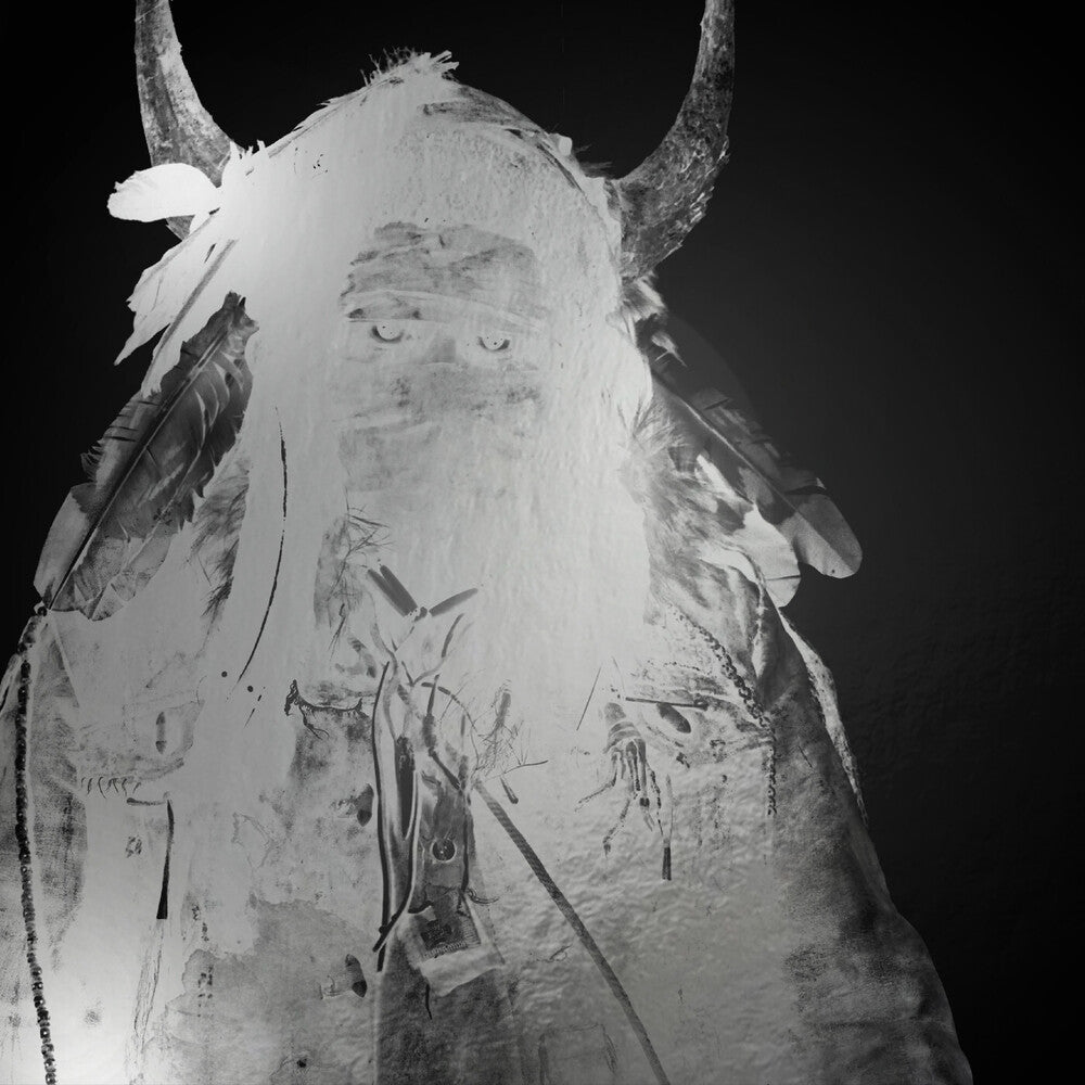 Vinyl record cover of 'Weapon of Choice' but The Cult with a black and white illustration of a figure with horns and feathered headdress against a dark background.