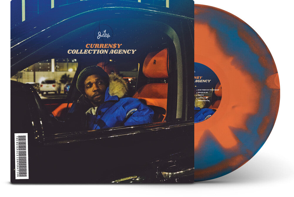 Vinyl record with a person in a car and album cover design on a white background