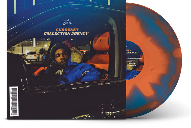 Vinyl record with a person in a car and album cover design on a white background