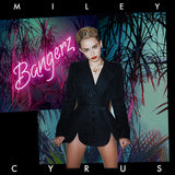 Miley Cyrus album 'Bangerz' cover art featuring Miley Cyrus in a black outfit against a backdrop with pink neon lights and greenery.