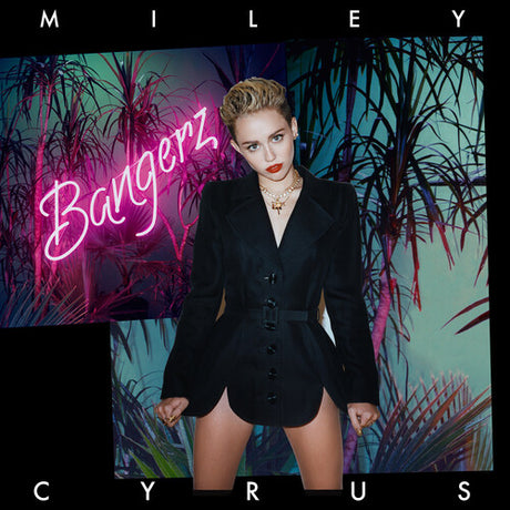 Miley Cyrus album 'Bangerz' cover art featuring Miley Cyrus in a black outfit against a backdrop with pink neon lights and greenery.