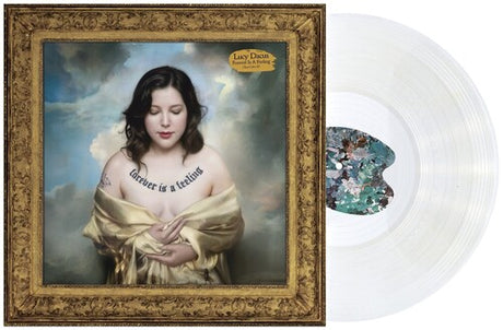 A clear vinyl record titled 'Forever Is A Feeling' by Lucy Dacus, featuring an image of the artist on the cover.