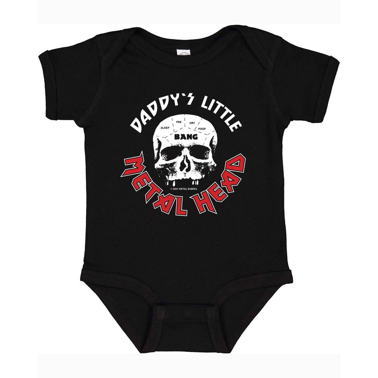 Black baby onesie with a skull and 'Daddy's Little Metal Head' design in white and red