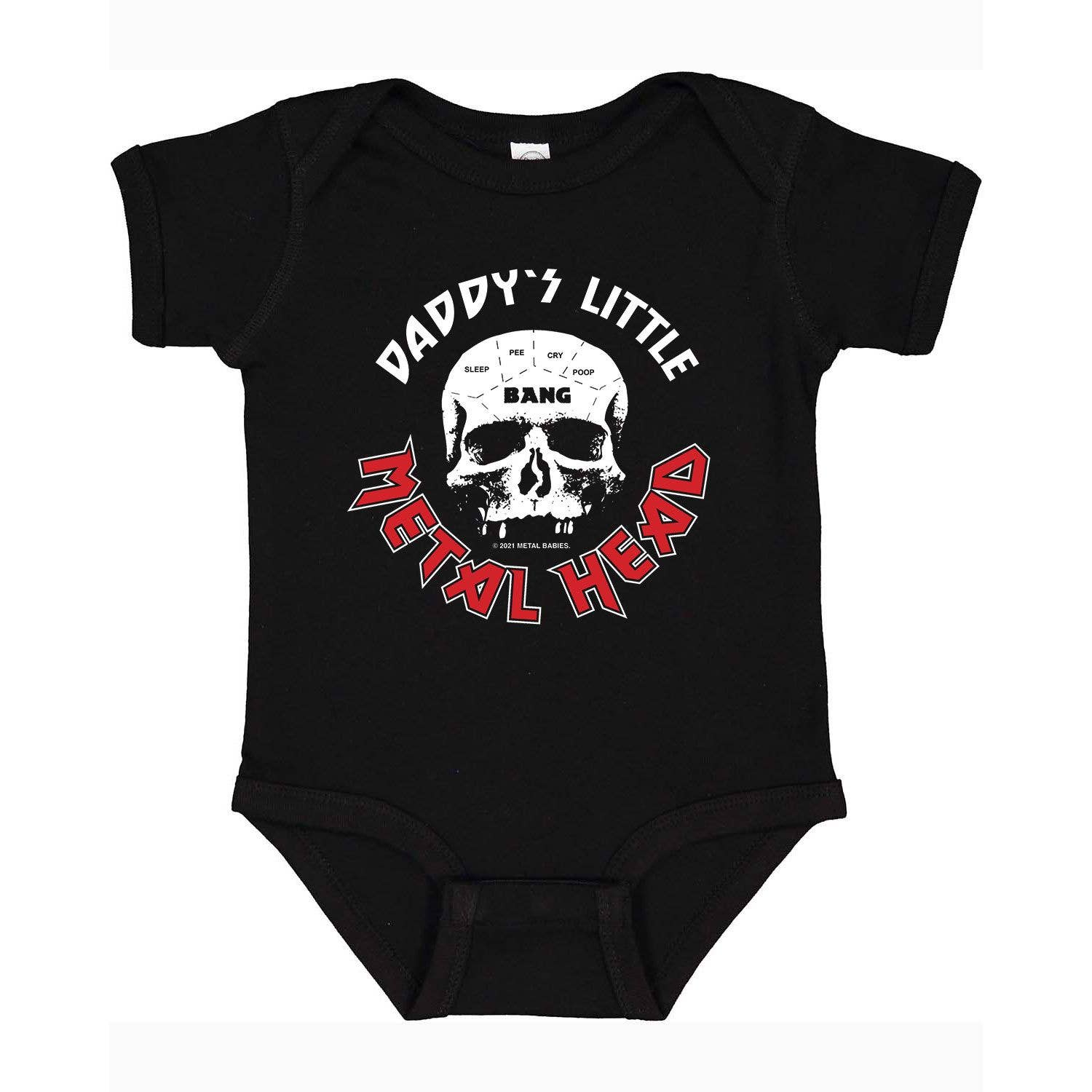 Black baby onesie with a skull and 'Daddy's Little Metal Head' design in white and red