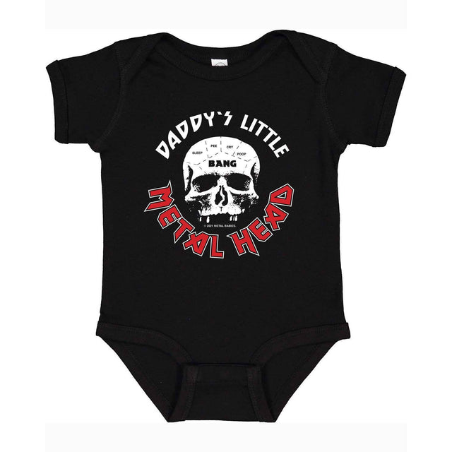Black baby onesie with a skull and 'Daddy's Little Metal Head' design in white and red