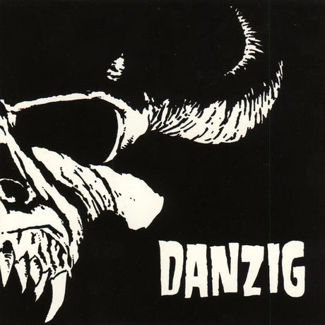 Black and white illustration of a skull with horns and the word 'DANZIG' below on a black background.