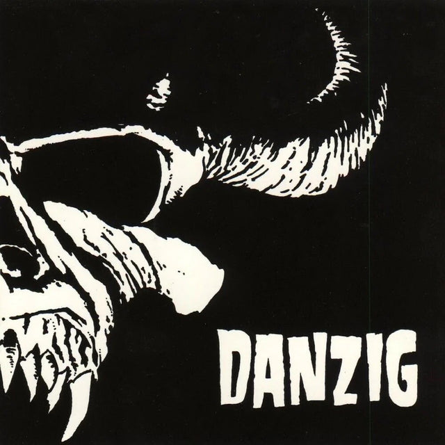 Black and white illustration of a skull with horns and the word 'DANZIG' below on a black background.
