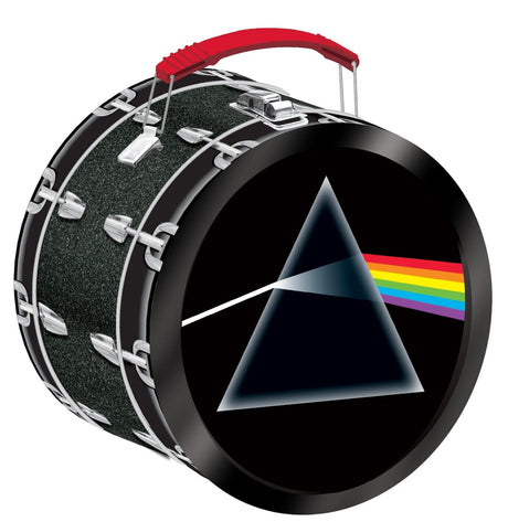 Drum-shaped lunchbox featuring the Dark Side of the Moon prism and rainbow artwork