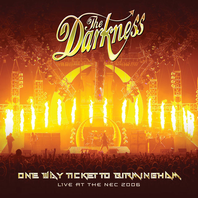 Album cover for 'The Darkness' with concert stage and crowd, featuring warm colors and text.