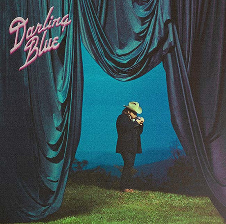 Darling Blue album cover featuring a person in a cowboy hat under dramatic blue drapes