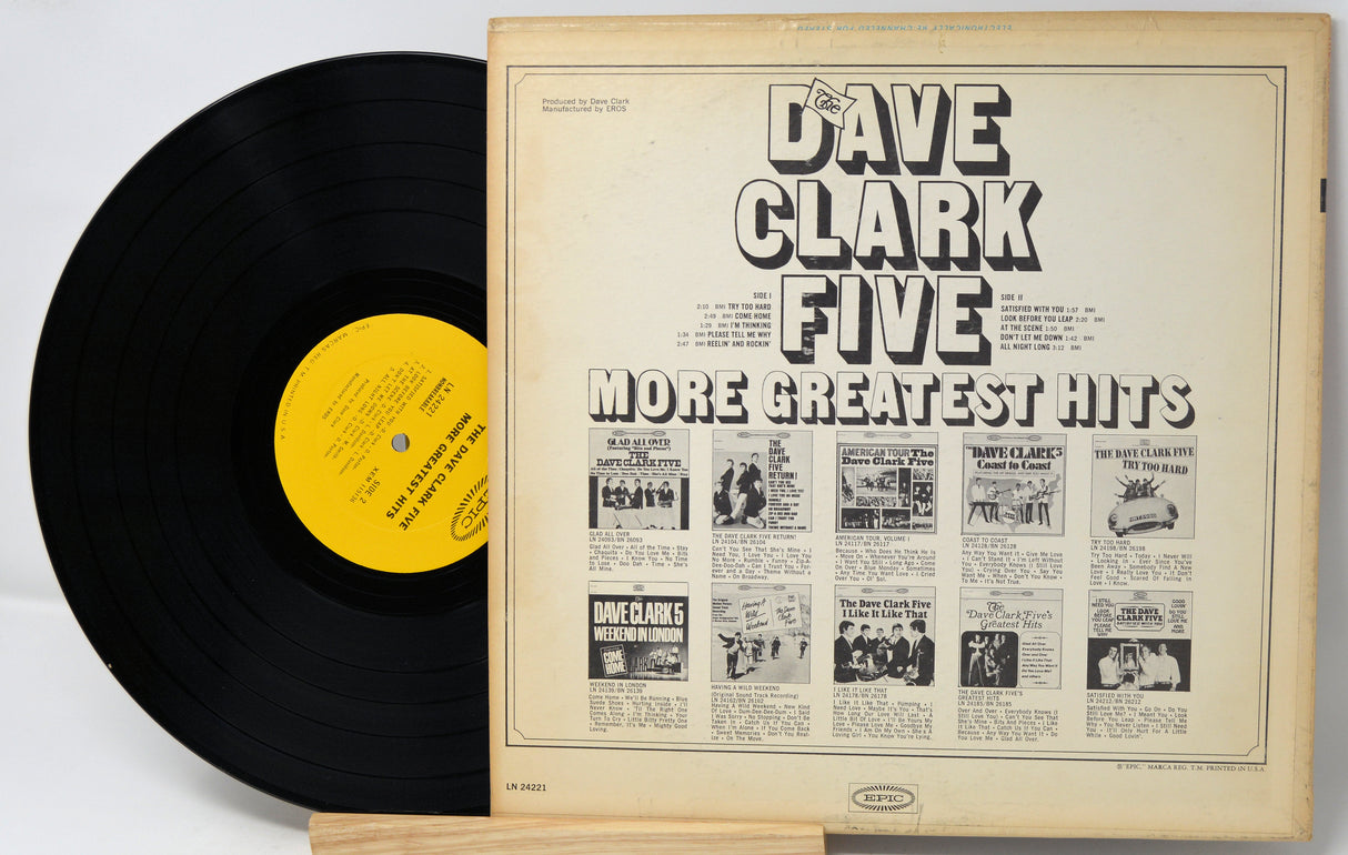 Vinyl record with a cover titled 'More Greatest Hits' by Dave Clark Five on a white background.