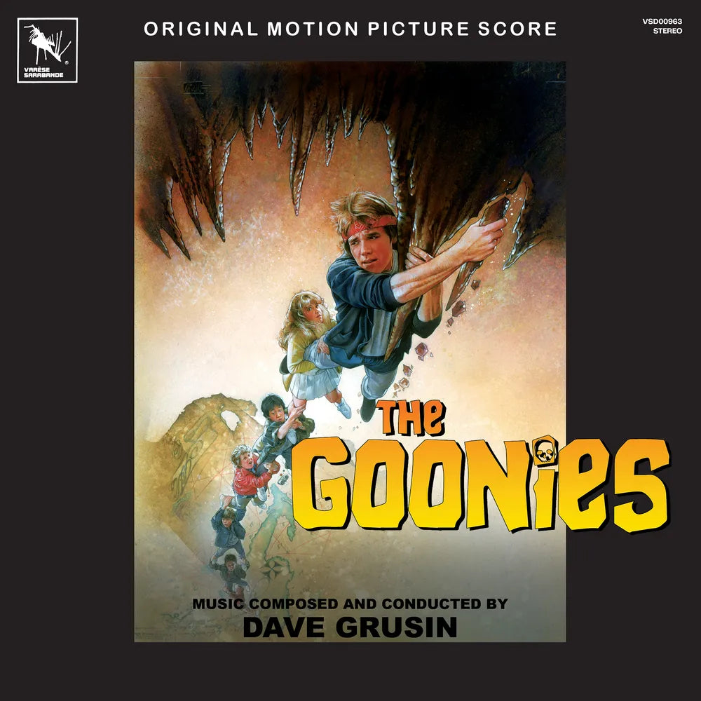 The Goonies original motion picture score album cover artwork on a black background, featuring illustrated characters in a cave scene with large yellow 'The Goonies' title text and Dave Grusin credit.