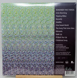 The back cover of a 12-inch vinyl record sleeve for Daftoon's album 'Remember Two Things', resting on a small wooden display block. The cover features a dense, multicolored pixelated pattern on the left and a black tracklist panel on the right.