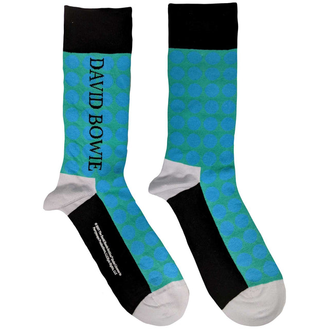 A pair of blue and green geometric patterned socks with 'DAVID BOWIE' printed on the ankle area.