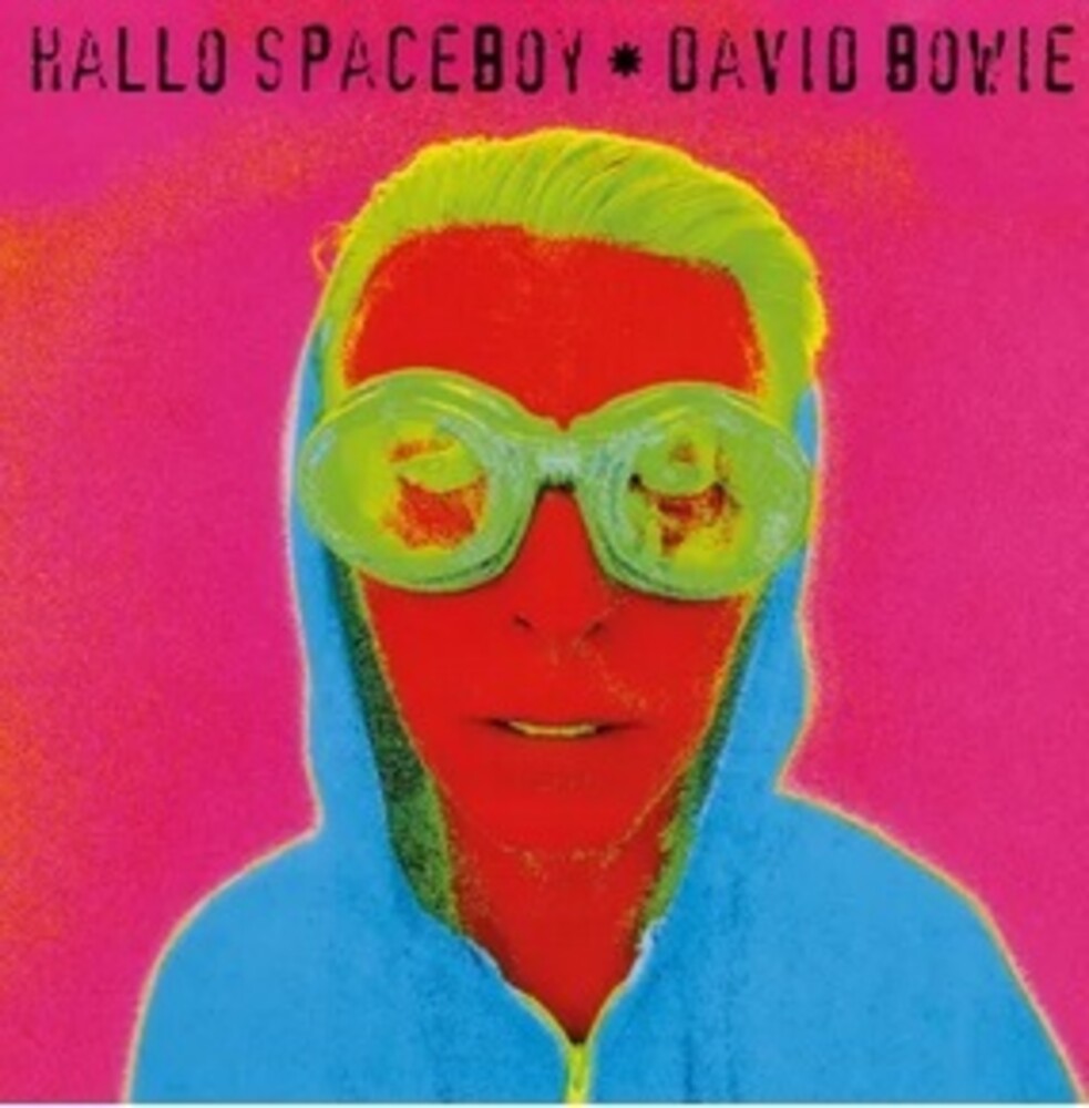 Album cover with Bowie wearing green sunglasses and a blue hood against a pink background, featuring the text 'Hallo Spaceboy David Bowie'.