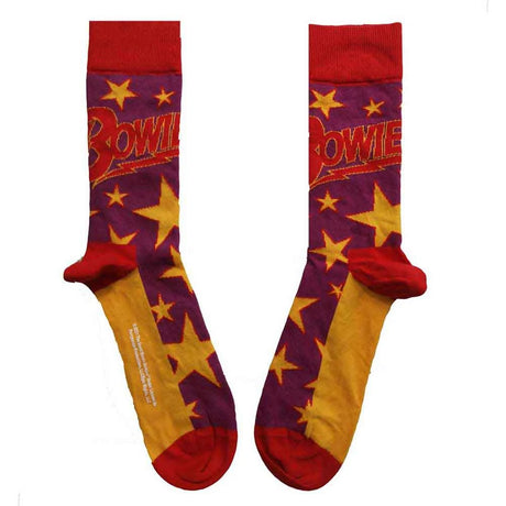 Colorful socks with 'Bowie' design and stars on a white background