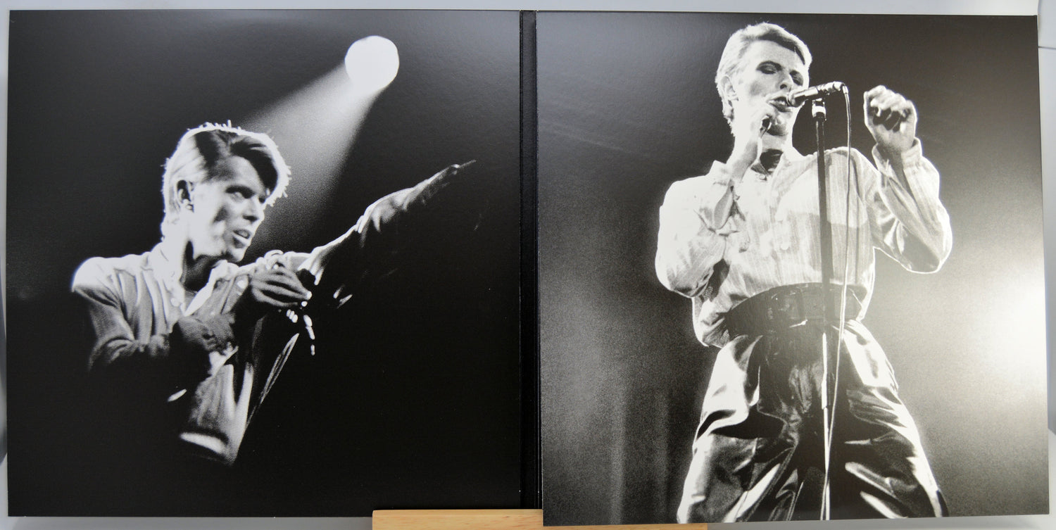 Two different black and white photos of David Bowie performing onstage.