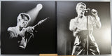 Two different black and white photos of David Bowie performing onstage.