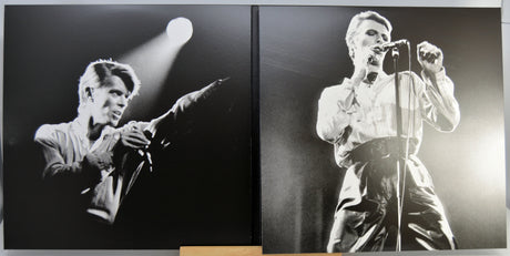 Two different black and white photos of David Bowie performing onstage.