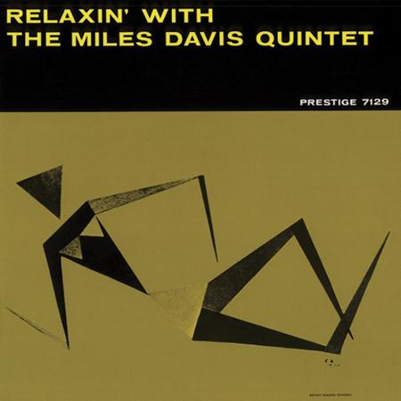 Album cover of 'Relaxin' with the Miles Davis Quintet' featuring geometric shapes on a green background.