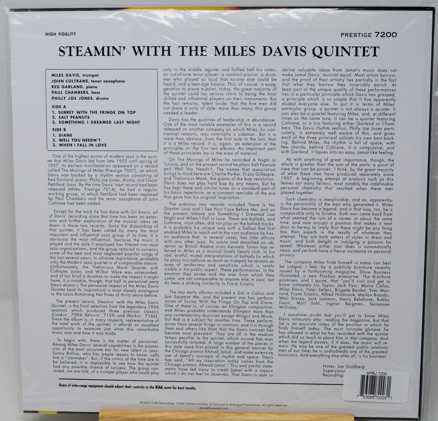 The back cover of a vinyl record sleeve for 'Steamin' With The Miles Davis Quintet' on Prestige 7200, featuring track listings and a barcode.