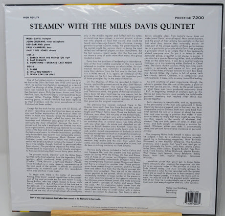 The back cover of a vinyl record sleeve for 'Steamin' With The Miles Davis Quintet' on Prestige 7200, featuring track listings and a barcode.