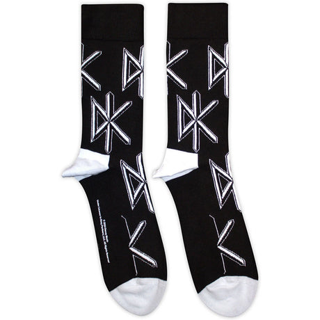 Black socks with white geometric Dead Kennedys 'DK' logo patterns on a white background