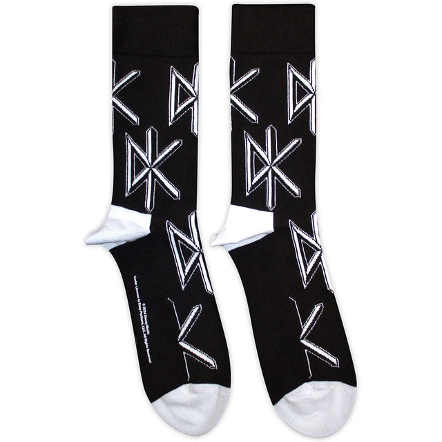 Black socks with white geometric Dead Kennedys 'DK' logo patterns on a white background