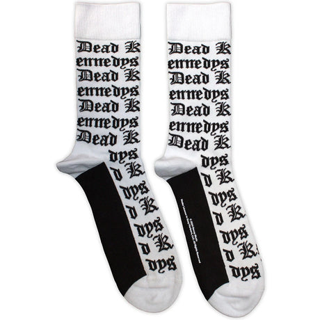 White socks with black 'Dead Kennedys' text on a white background