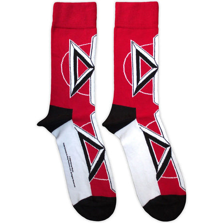 Red and white socks with black geometric design showing the Dead Kennedys 'DK' logo on a white background