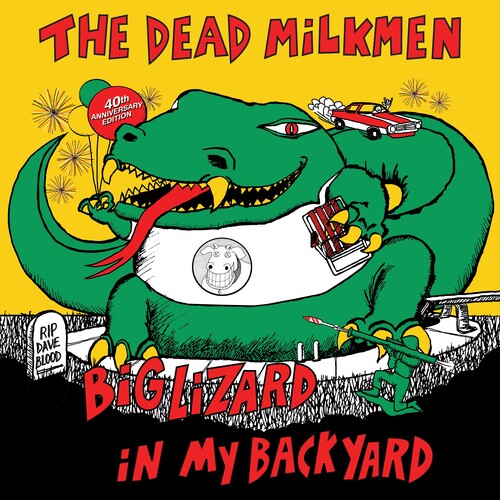 Album cover for 'Big Lizard in My Backyard' by The Dead Milkmen featuring a green lizard with a car on its back.